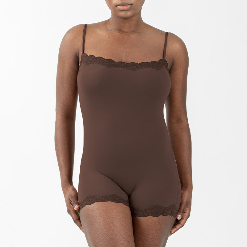 Sexy Pure Lust Style Lace Trim Bodysuit for Women, Skin-Friendly Nude Feel Inner Wear with Straps, Double-Layer Shapewear, European and American Style