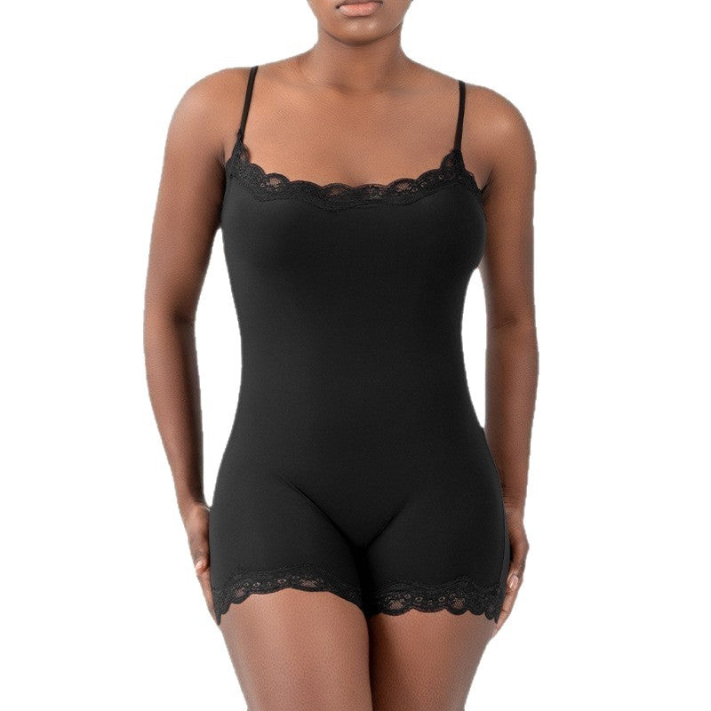 Sexy Pure Lust Style Lace Trim Bodysuit for Women, Skin-Friendly Nude Feel Inner Wear with Straps, Double-Layer Shapewear, European and American Style