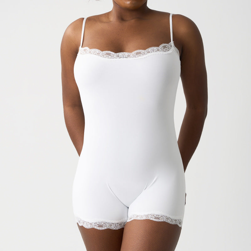 Sexy Pure Lust Style Lace Trim Bodysuit for Women, Skin-Friendly Nude Feel Inner Wear with Straps, Double-Layer Shapewear, European and American Style