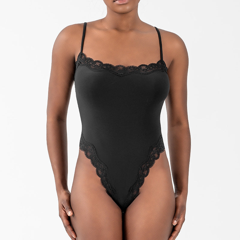 Sexy Pure Lust Style Lace Trim Bodysuit for Women, Skin-Friendly Nude Feel Inner Wear with Straps, Double-Layer Shapewear, European and American Style