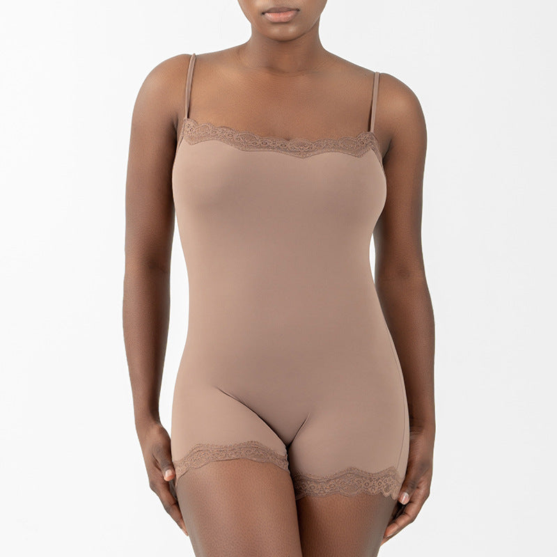 Sexy Pure Lust Style Lace Trim Bodysuit for Women, Skin-Friendly Nude Feel Inner Wear with Straps, Double-Layer Shapewear, European and American Style