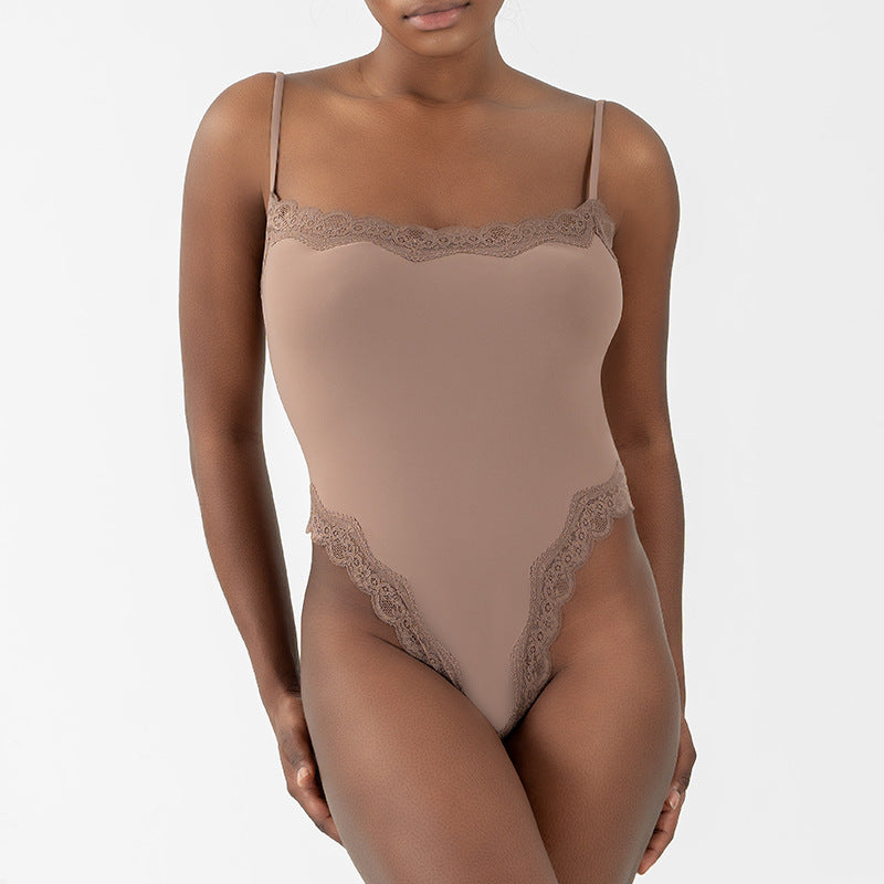 Sexy Pure Lust Style Lace Trim Bodysuit for Women, Skin-Friendly Nude Feel Inner Wear with Straps, Double-Layer Shapewear, European and American Style