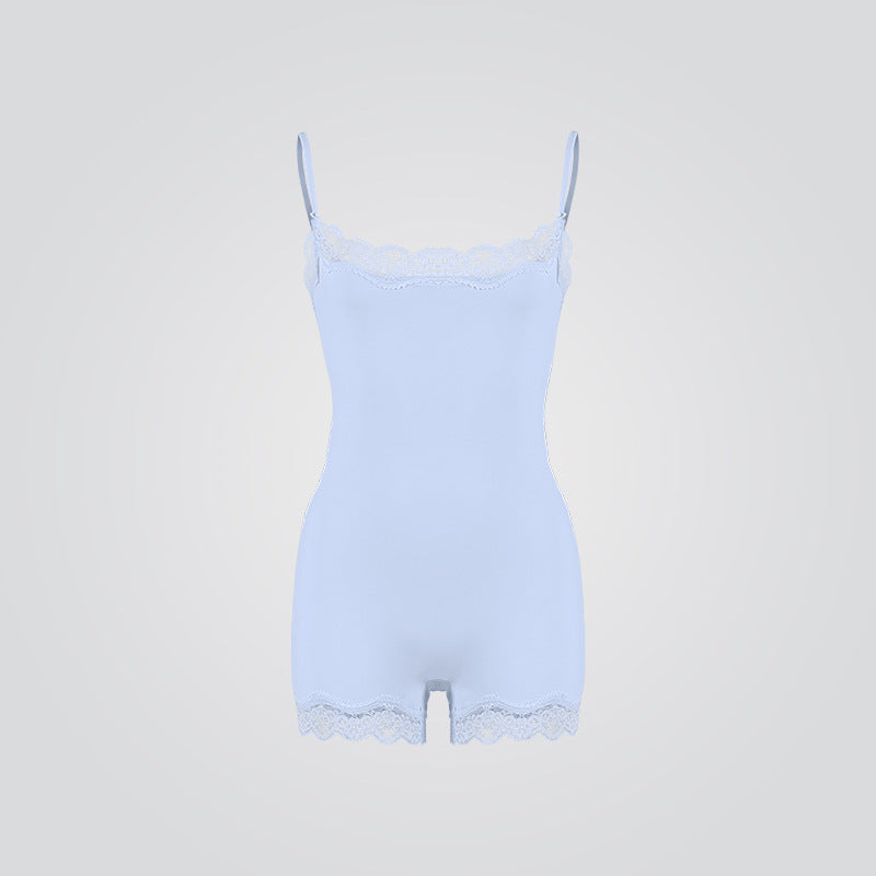 Sexy Pure Lust Style Lace Trim Bodysuit for Women, Skin-Friendly Nude Feel Inner Wear with Straps, Double-Layer Shapewear, European and American Style