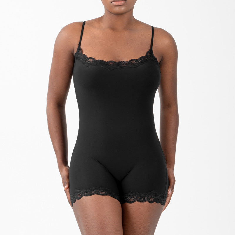 Sexy Pure Lust Style Lace Trim Bodysuit for Women, Skin-Friendly Nude Feel Inner Wear with Straps, Double-Layer Shapewear, European and American Style
