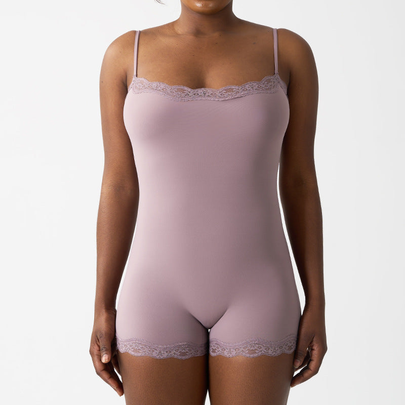 Sexy Pure Lust Style Lace Trim Bodysuit for Women, Skin-Friendly Nude Feel Inner Wear with Straps, Double-Layer Shapewear, European and American Style