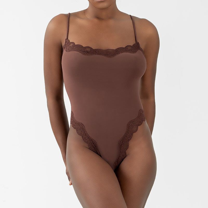 Sexy Pure Lust Style Lace Trim Bodysuit for Women, Skin-Friendly Nude Feel Inner Wear with Straps, Double-Layer Shapewear, European and American Style