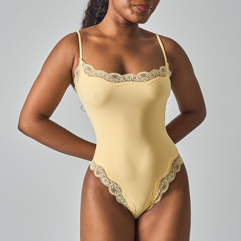 Sexy Pure Lust Style Lace Trim Bodysuit for Women, Skin-Friendly Nude Feel Inner Wear with Straps, Double-Layer Shapewear, European and American Style
