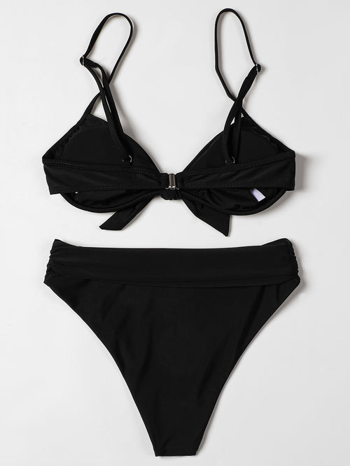 Billion Swimming European and American Solid Color Bikini 2024 New Bow High Waist Sexy Split Swimsuit Swimwear Cross-border