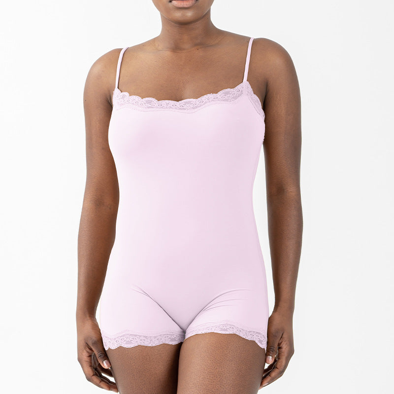 Sexy Pure Lust Style Lace Trim Bodysuit for Women, Skin-Friendly Nude Feel Inner Wear with Straps, Double-Layer Shapewear, European and American Style