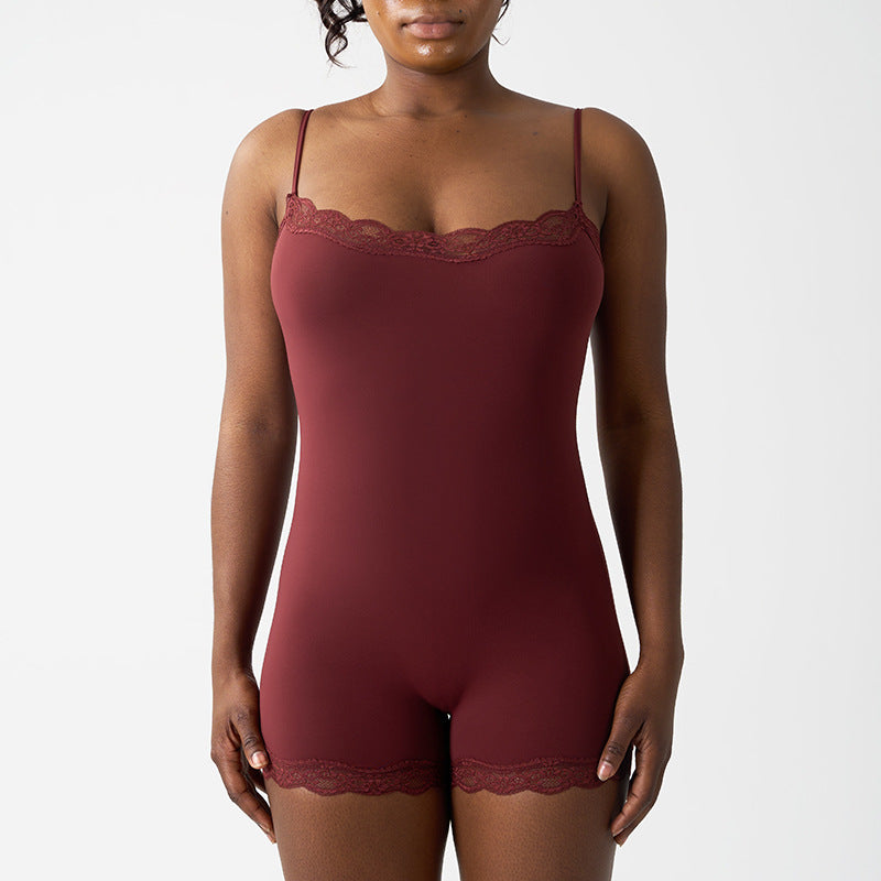 Sexy Pure Lust Style Lace Trim Bodysuit for Women, Skin-Friendly Nude Feel Inner Wear with Straps, Double-Layer Shapewear, European and American Style