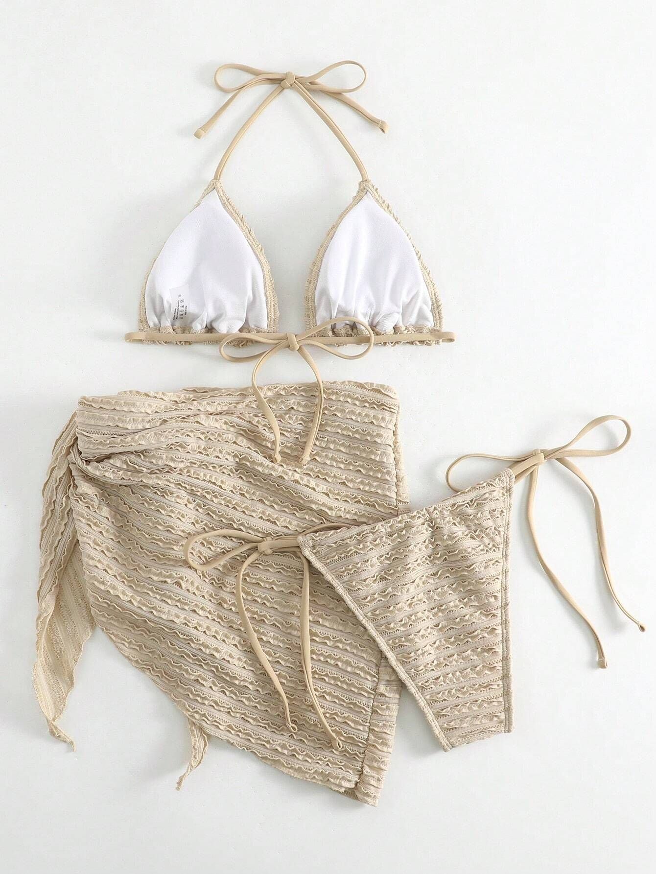 European and American sexy bikini three-piece gauze skirt swimsuit women's solid color swimsuit beach holiday swimsuit foreign trade hot sale