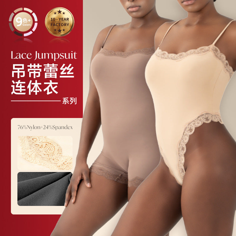 Sexy Pure Lust Style Lace Trim Bodysuit for Women, Skin-Friendly Nude Feel Inner Wear with Straps, Double-Layer Shapewear, European and American Style