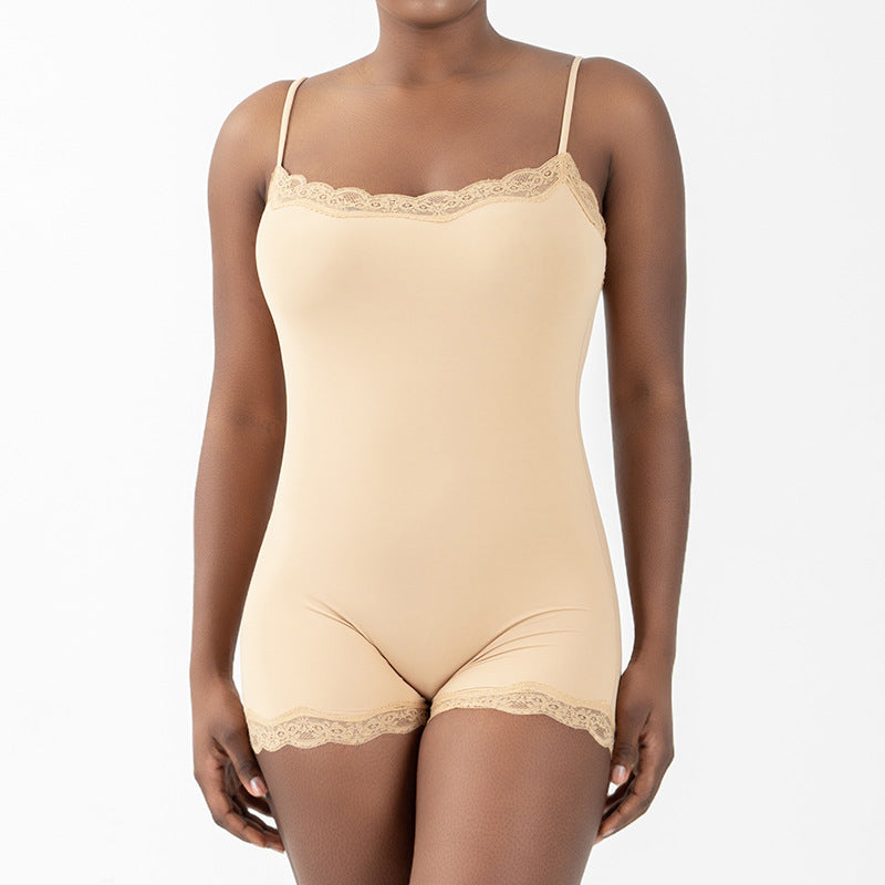 Sexy Pure Lust Style Lace Trim Bodysuit for Women, Skin-Friendly Nude Feel Inner Wear with Straps, Double-Layer Shapewear, European and American Style