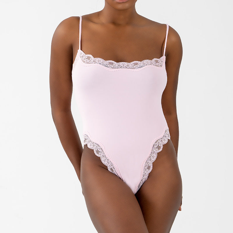 Sexy Pure Lust Style Lace Trim Bodysuit for Women, Skin-Friendly Nude Feel Inner Wear with Straps, Double-Layer Shapewear, European and American Style