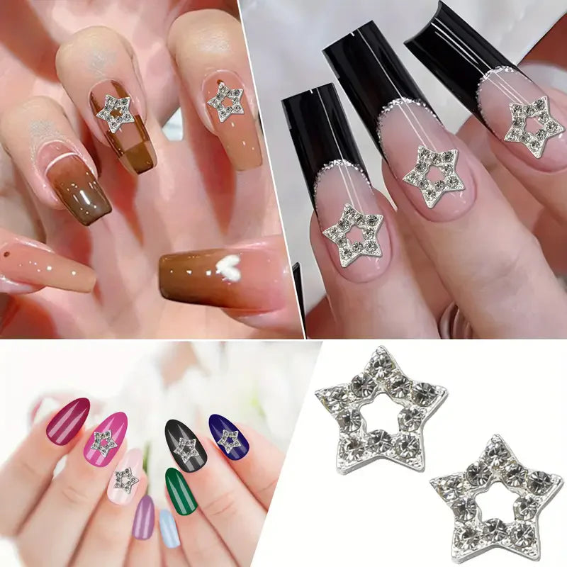 10/20PCs Silver Star Nail Charms With Rhinestones Shiny 3D Alloy Heart Nail Jewelry Y2K Charms For Acrylic Nails Decoration