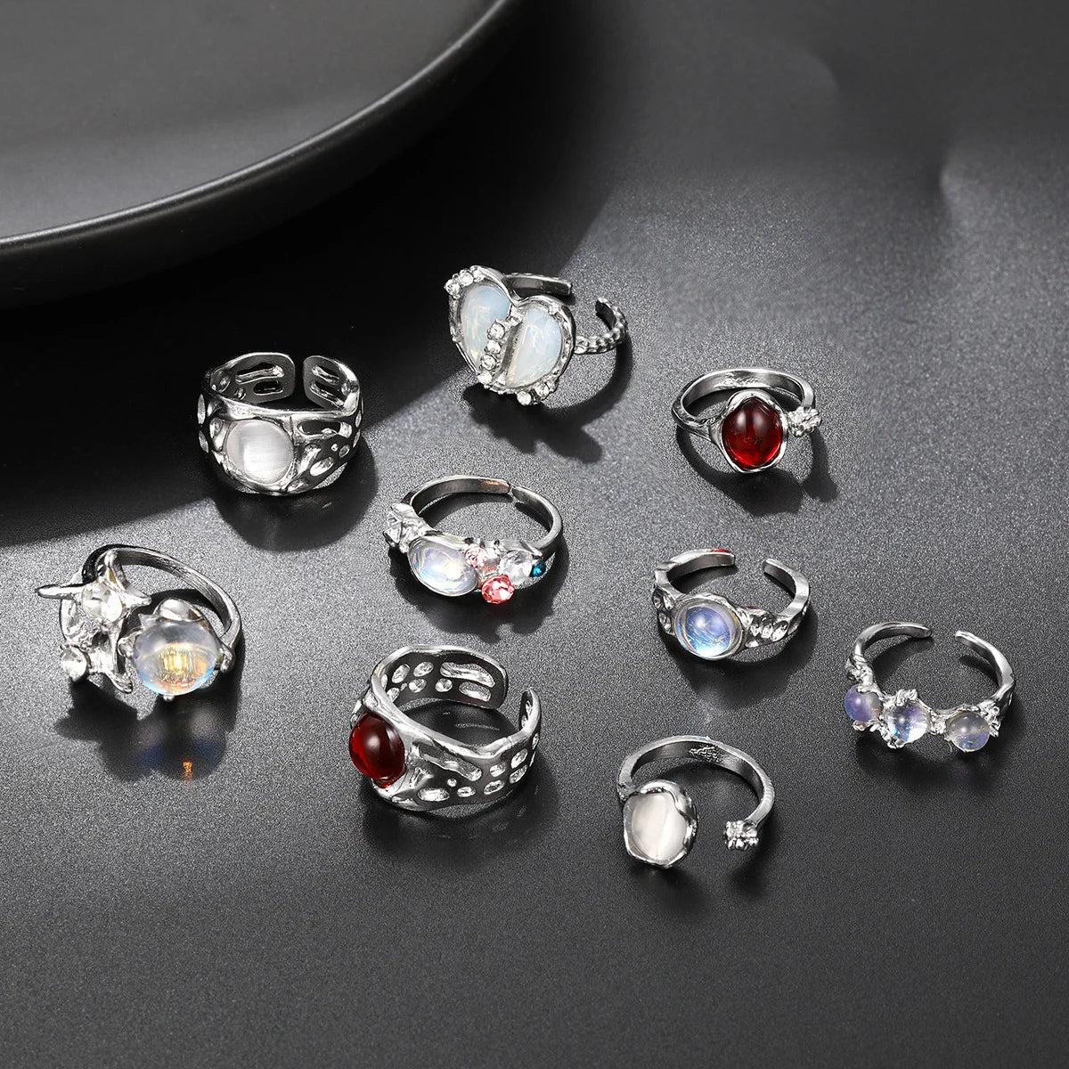 9Pcs/Set Vintage Irregular Open Rings for Women Goth Silver Color Moonstone Gemstone Finger Rings Kpop Party Dainty Jewelry Gift