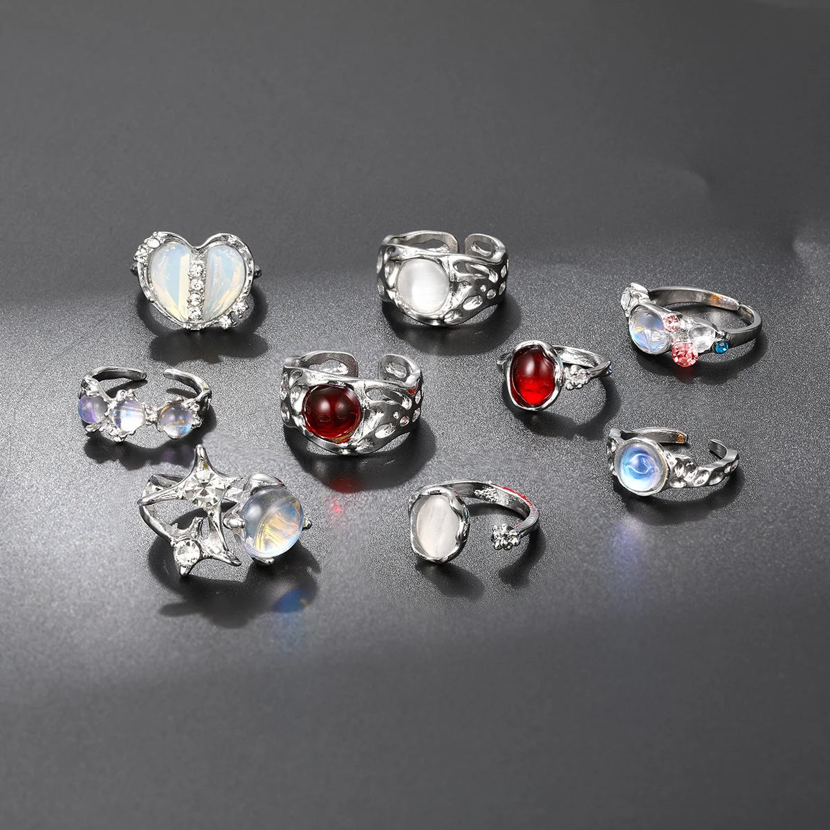 9Pcs/Set Vintage Irregular Open Rings for Women Goth Silver Color Moonstone Gemstone Finger Rings Kpop Party Dainty Jewelry Gift