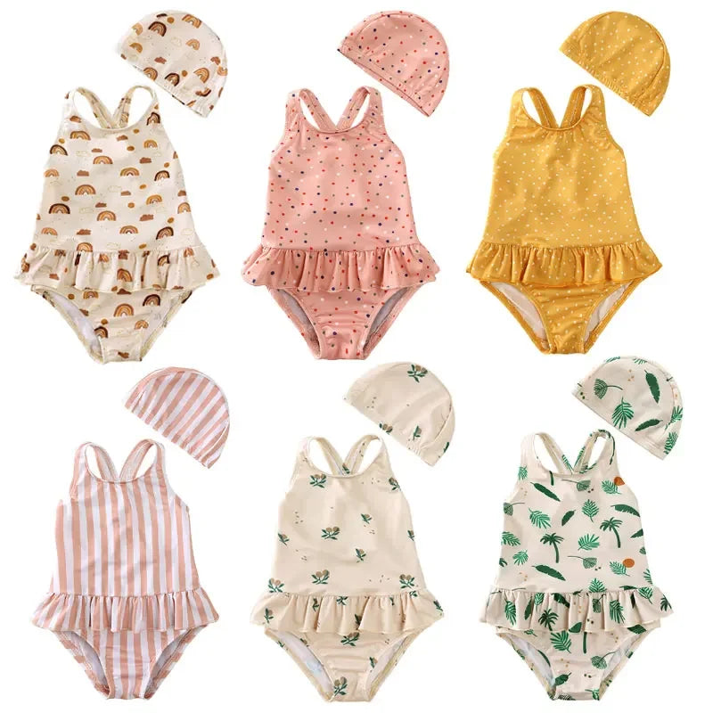Girls Cute Backless Floral One-piece Swimsuit Baby Bikini Swimwear with hat Sun-proof Beach Vacation Toddlers Kids Chic Swimsuit