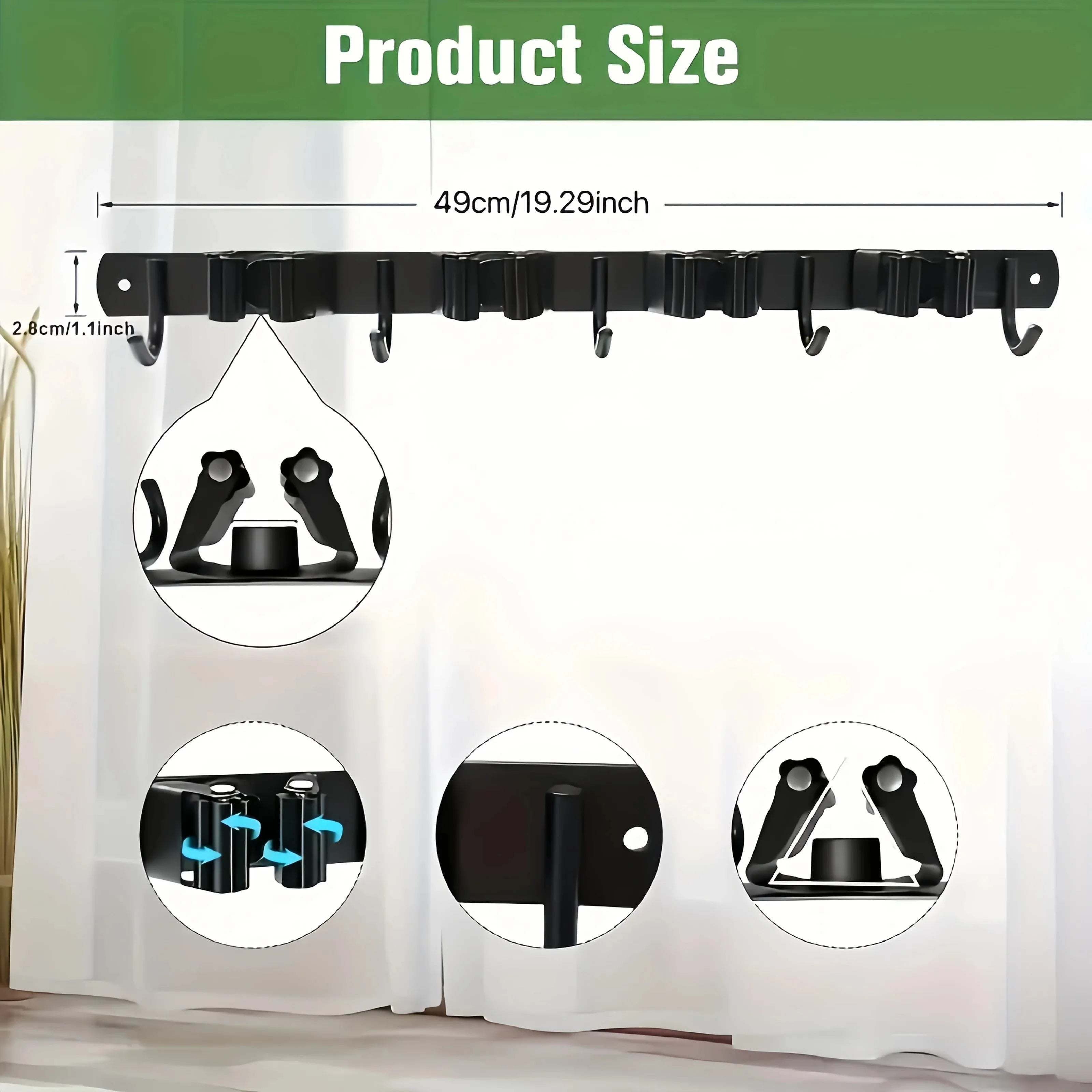 1 Heavy-Duty Metal Tool Rack with 4 Slots and 5 Hooks - Wall-Mounted Garden Tools, Broom, Mop and Garage Equipment, Tool Rack St
