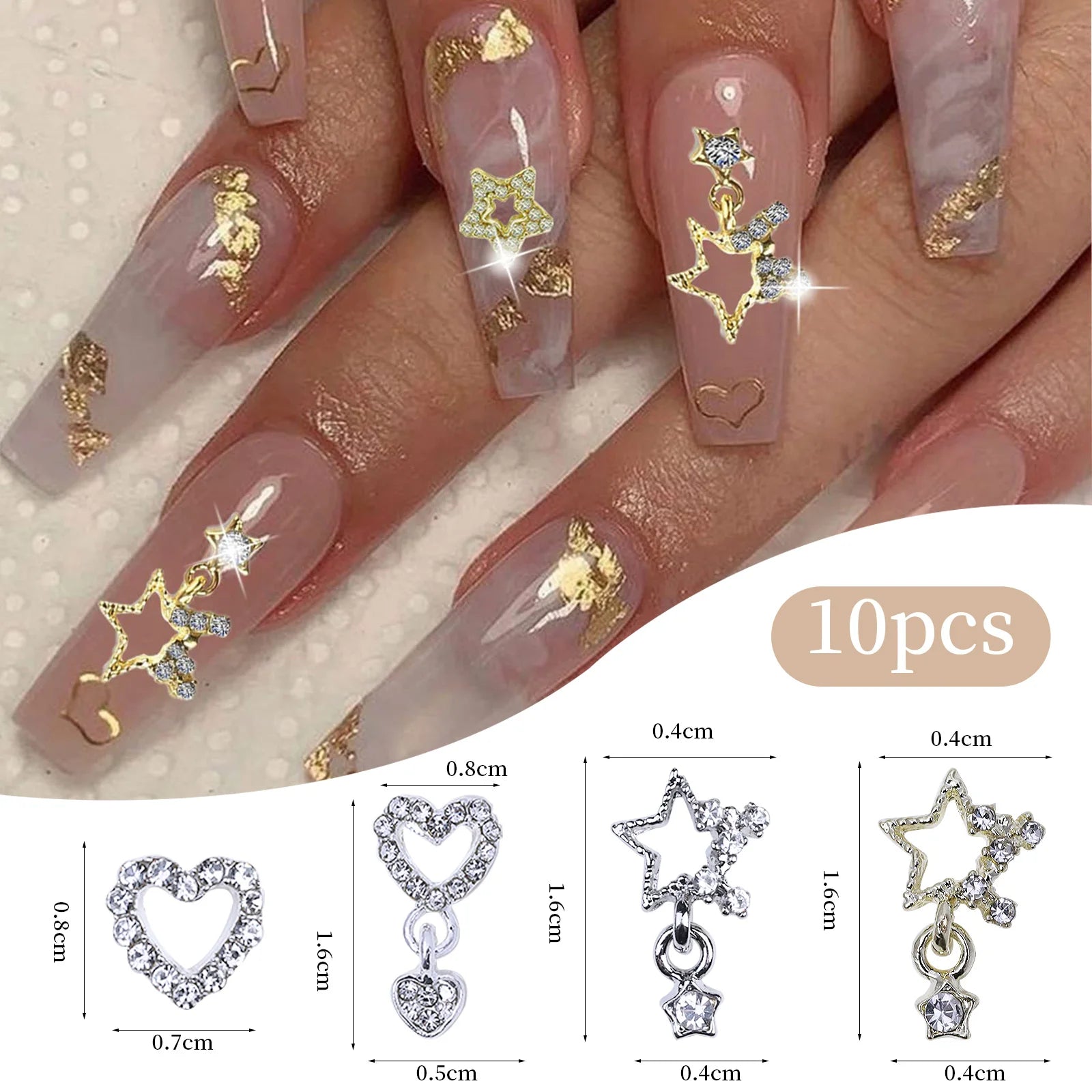 10/20PCs Silver Star Nail Charms With Rhinestones Shiny 3D Alloy Heart Nail Jewelry Y2K Charms For Acrylic Nails Decoration