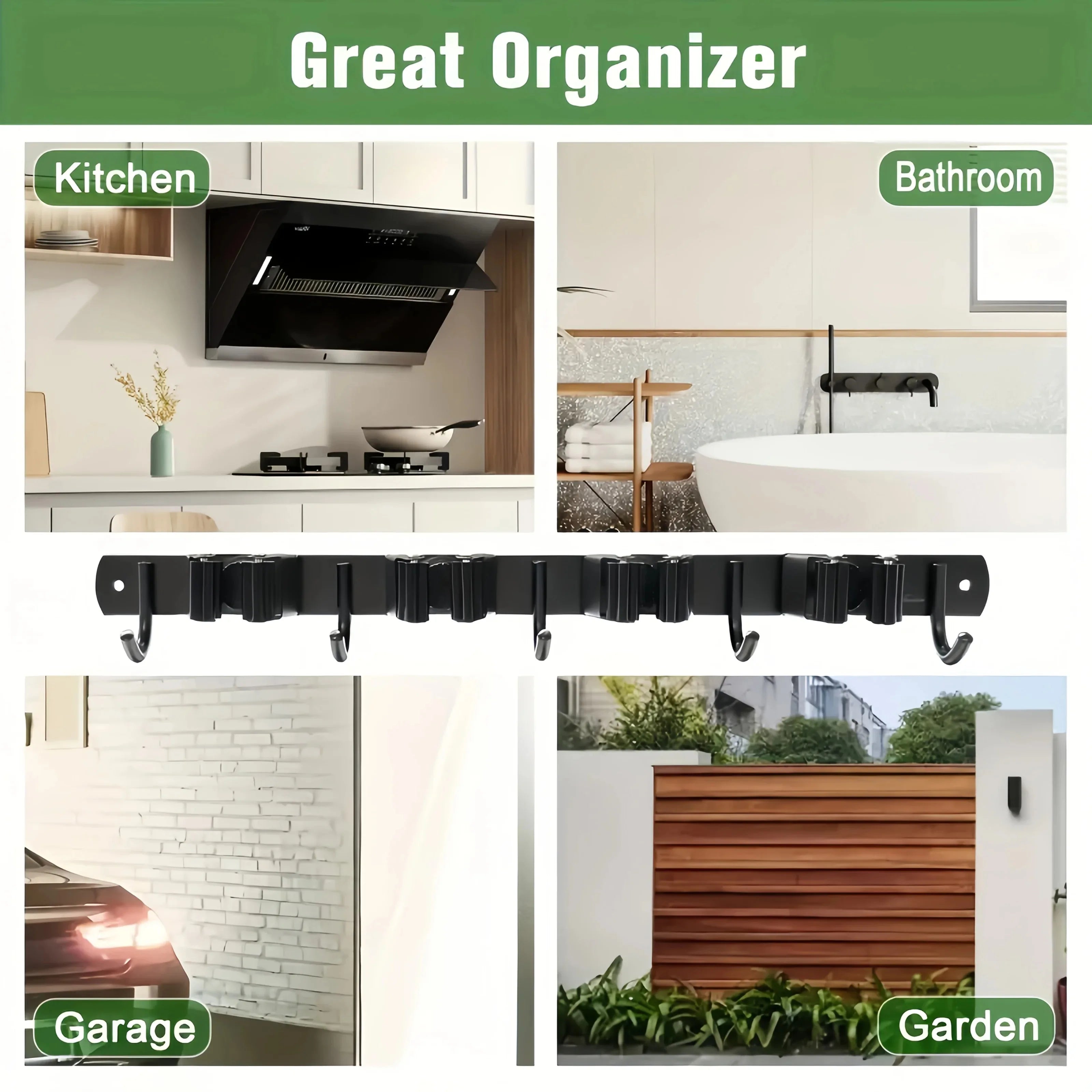 1 Heavy-Duty Metal Tool Rack with 4 Slots and 5 Hooks - Wall-Mounted Garden Tools, Broom, Mop and Garage Equipment, Tool Rack St