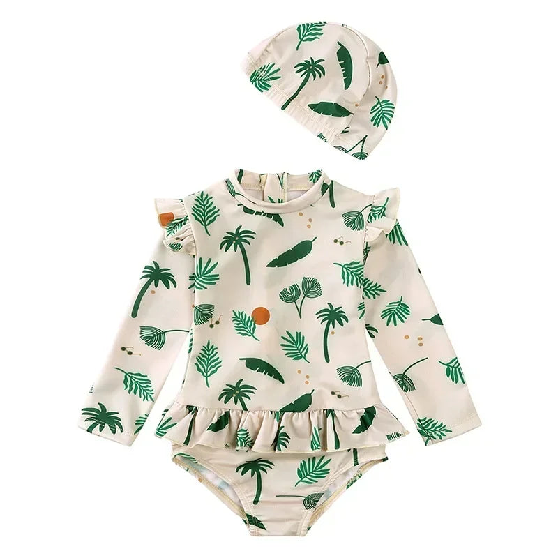Girls Cute Backless Floral One-piece Swimsuit Baby Bikini Swimwear with hat Sun-proof Beach Vacation Toddlers Kids Chic Swimsuit