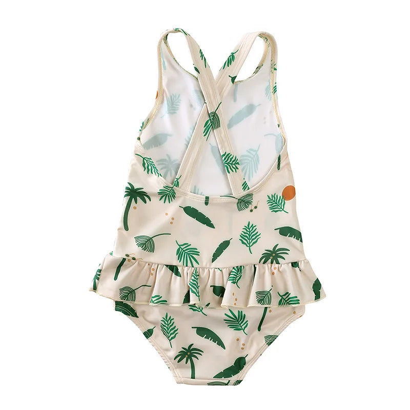 Girls Cute Backless Floral One-piece Swimsuit Baby Bikini Swimwear with hat Sun-proof Beach Vacation Toddlers Kids Chic Swimsuit