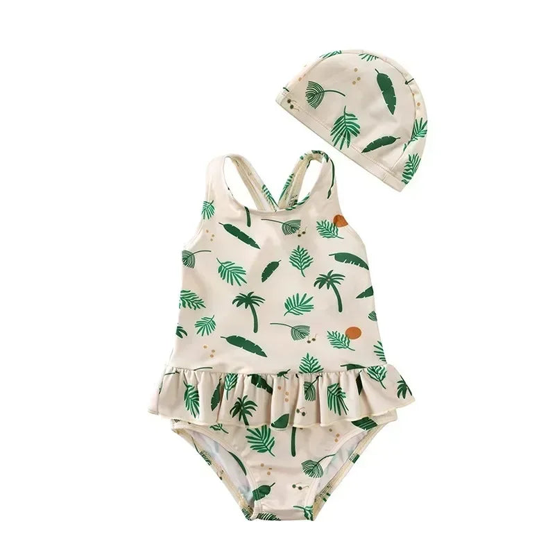 Girls Cute Backless Floral One-piece Swimsuit Baby Bikini Swimwear with hat Sun-proof Beach Vacation Toddlers Kids Chic Swimsuit